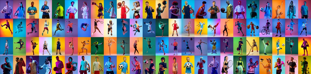 Sport collage of professional athletes on gradient multicolored neoned background. Concept of motion